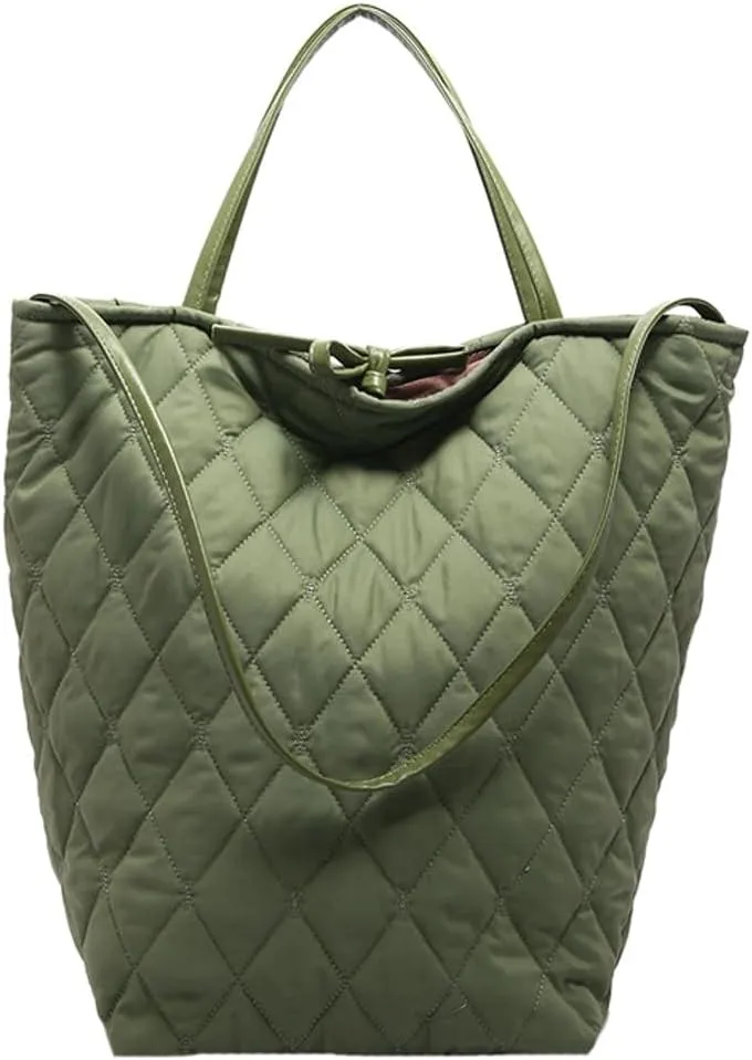 Large Quilted Bucket Tote Bag for Women Puffer Handbag Soft Casual Shoulder Bag Nylon Working Top Handle Purse