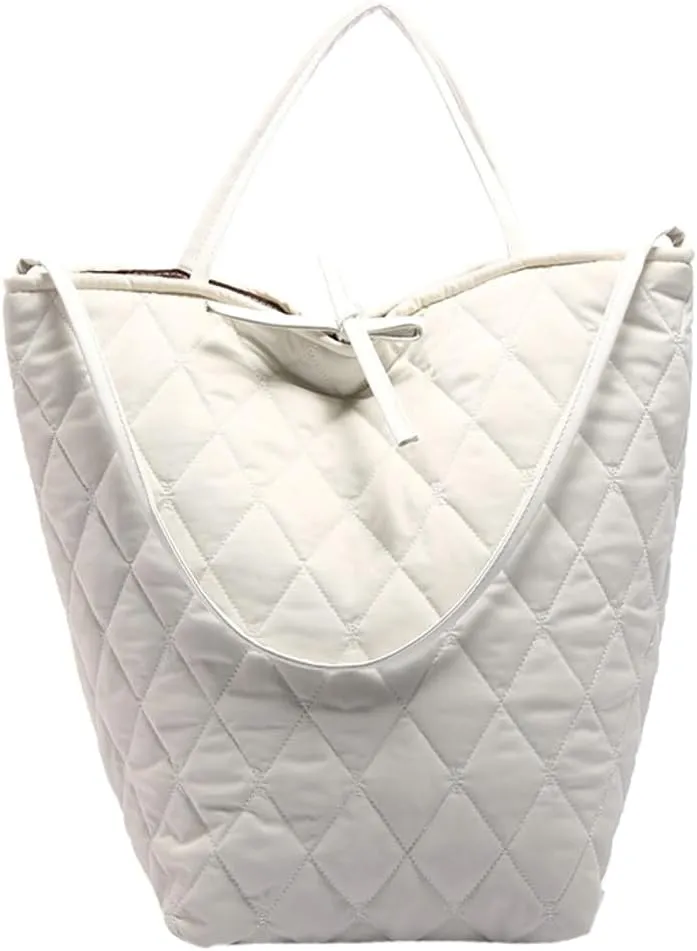Large Quilted Bucket Tote Bag for Women Puffer Handbag Soft Casual Shoulder Bag Nylon Working Top Handle Purse