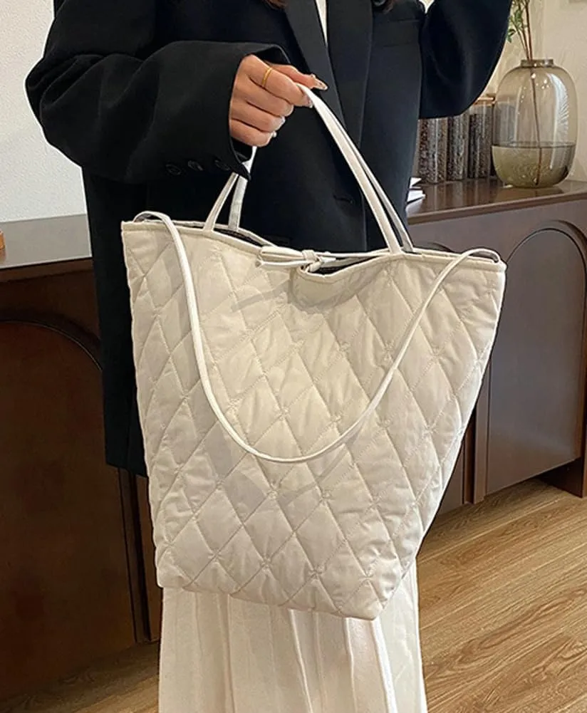 Large Quilted Bucket Tote Bag for Women Puffer Handbag Soft Casual Shoulder Bag Nylon Working Top Handle Purse