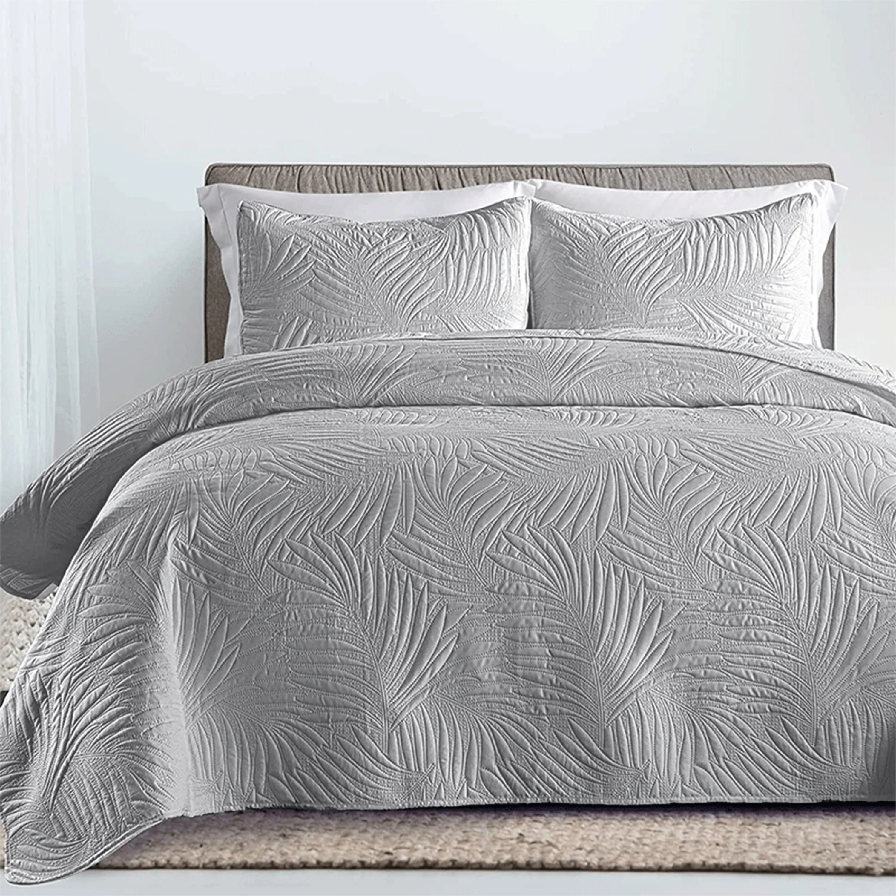 Leaf-Embossed 3pc Bedspread Set: Ultra-Soft, Breathable & Reversible - Easy Care, Durable Bedding for Stylish Comfort
