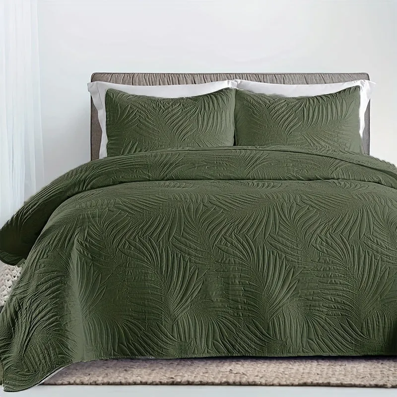 Leaf-Embossed 3pc Bedspread Set: Ultra-Soft, Breathable & Reversible - Easy Care, Durable Bedding for Stylish Comfort
