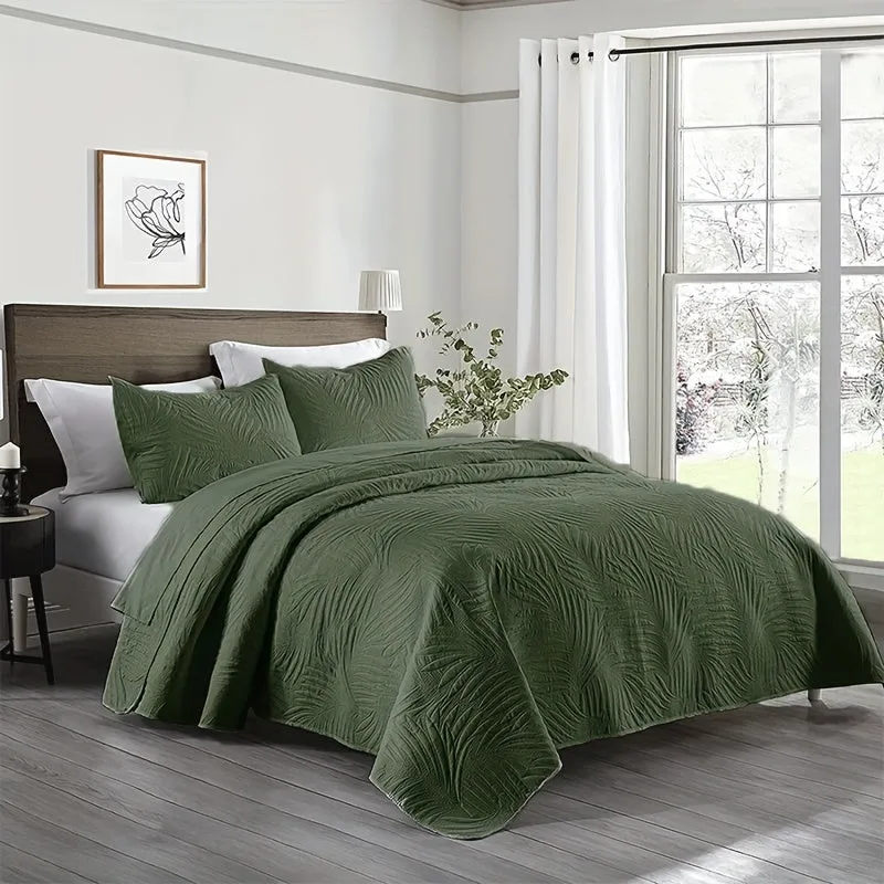 Leaf-Embossed 3pc Bedspread Set: Ultra-Soft, Breathable & Reversible - Easy Care, Durable Bedding for Stylish Comfort