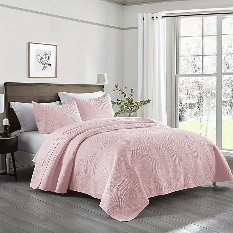 Leaf-Embossed 3pc Bedspread Set: Ultra-Soft, Breathable & Reversible - Easy Care, Durable Bedding for Stylish Comfort