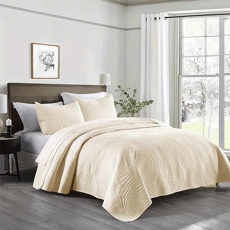 Leaf-Embossed 3pc Bedspread Set: Ultra-Soft, Breathable & Reversible - Easy Care, Durable Bedding for Stylish Comfort