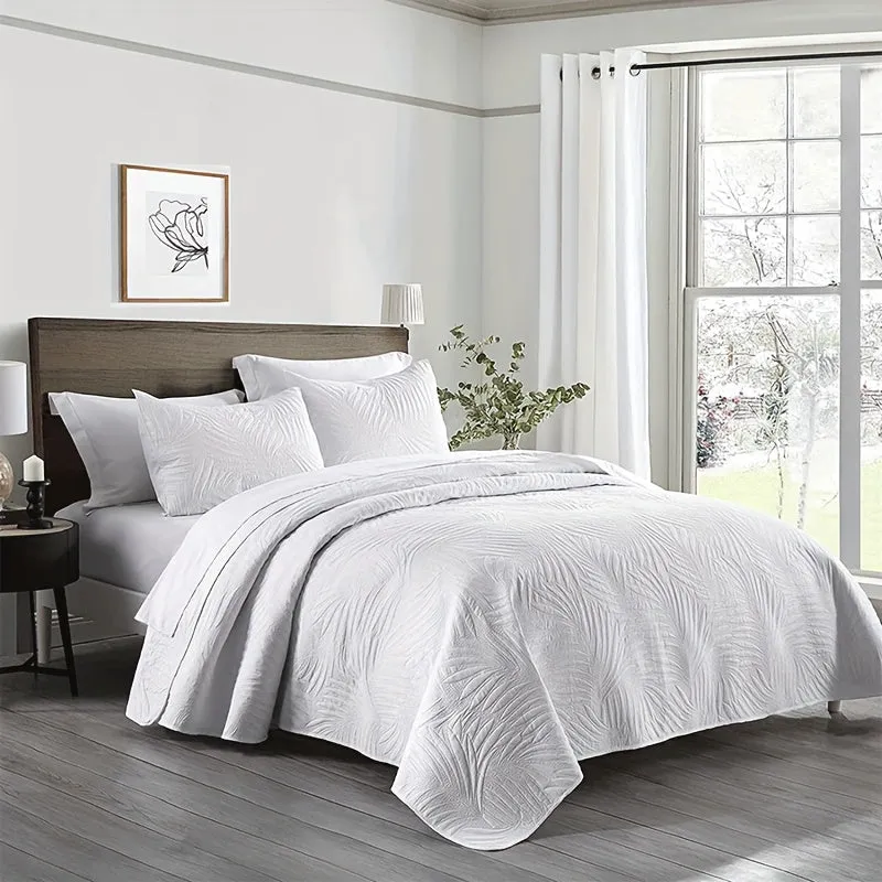 Leaf-Embossed 3pc Bedspread Set: Ultra-Soft, Breathable & Reversible - Easy Care, Durable Bedding for Stylish Comfort