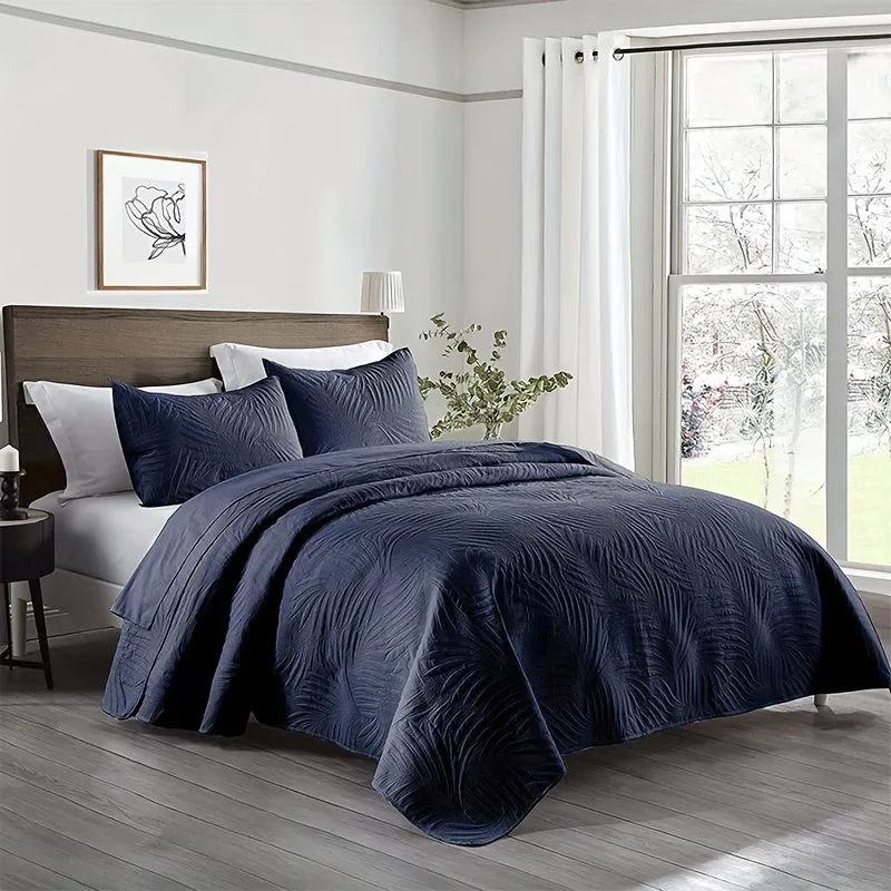 Leaf-Embossed 3pc Bedspread Set: Ultra-Soft, Breathable & Reversible - Easy Care, Durable Bedding for Stylish Comfort