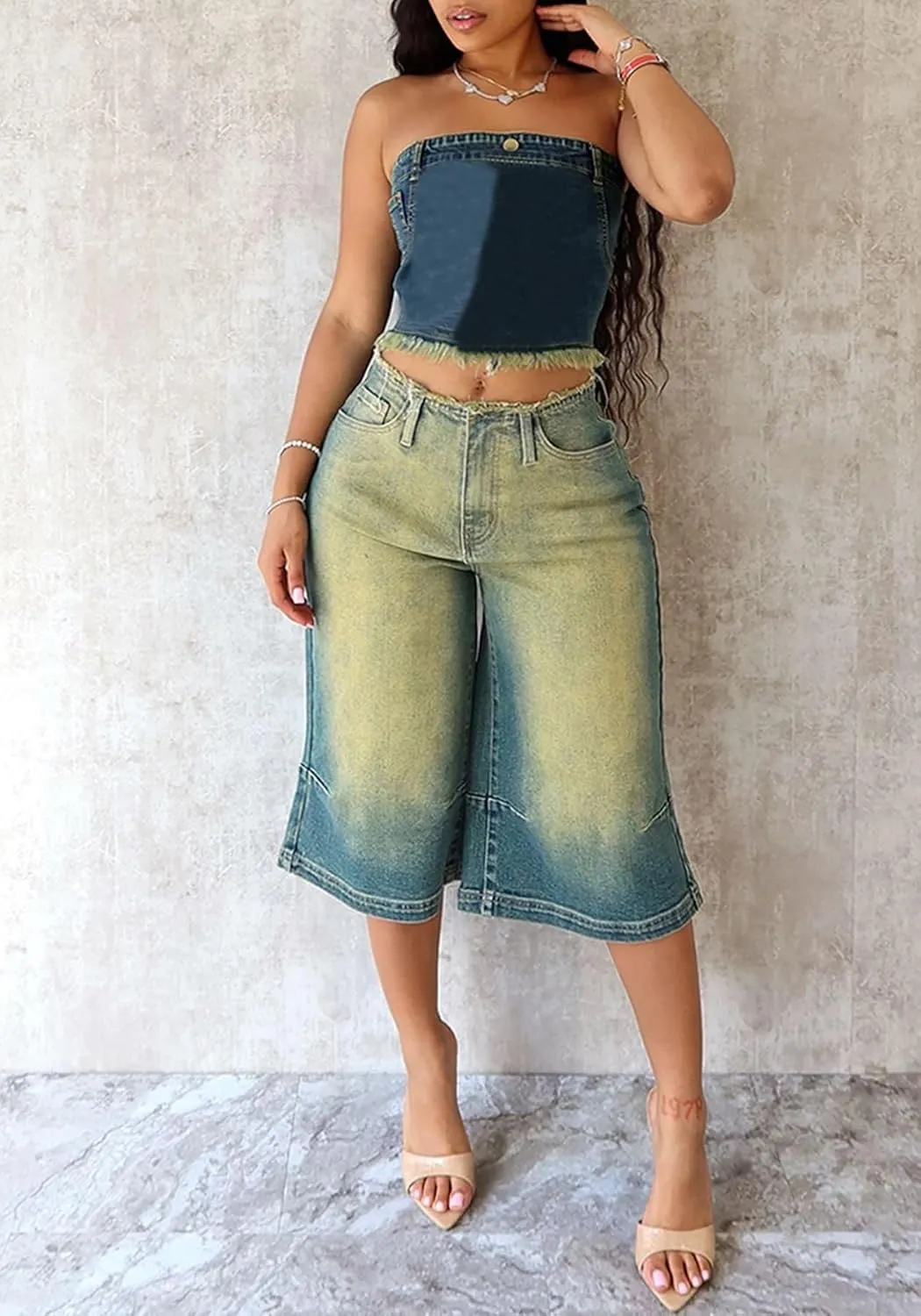LETSVDO Womens Baggy Ripped Denim Shorts High Waist Straight Wide Leg Distressed Y2k Casual Bermuda Cargo Jean Shorts