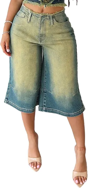 LETSVDO Womens Baggy Ripped Denim Shorts High Waist Straight Wide Leg Distressed Y2k Casual Bermuda Cargo Jean Shorts