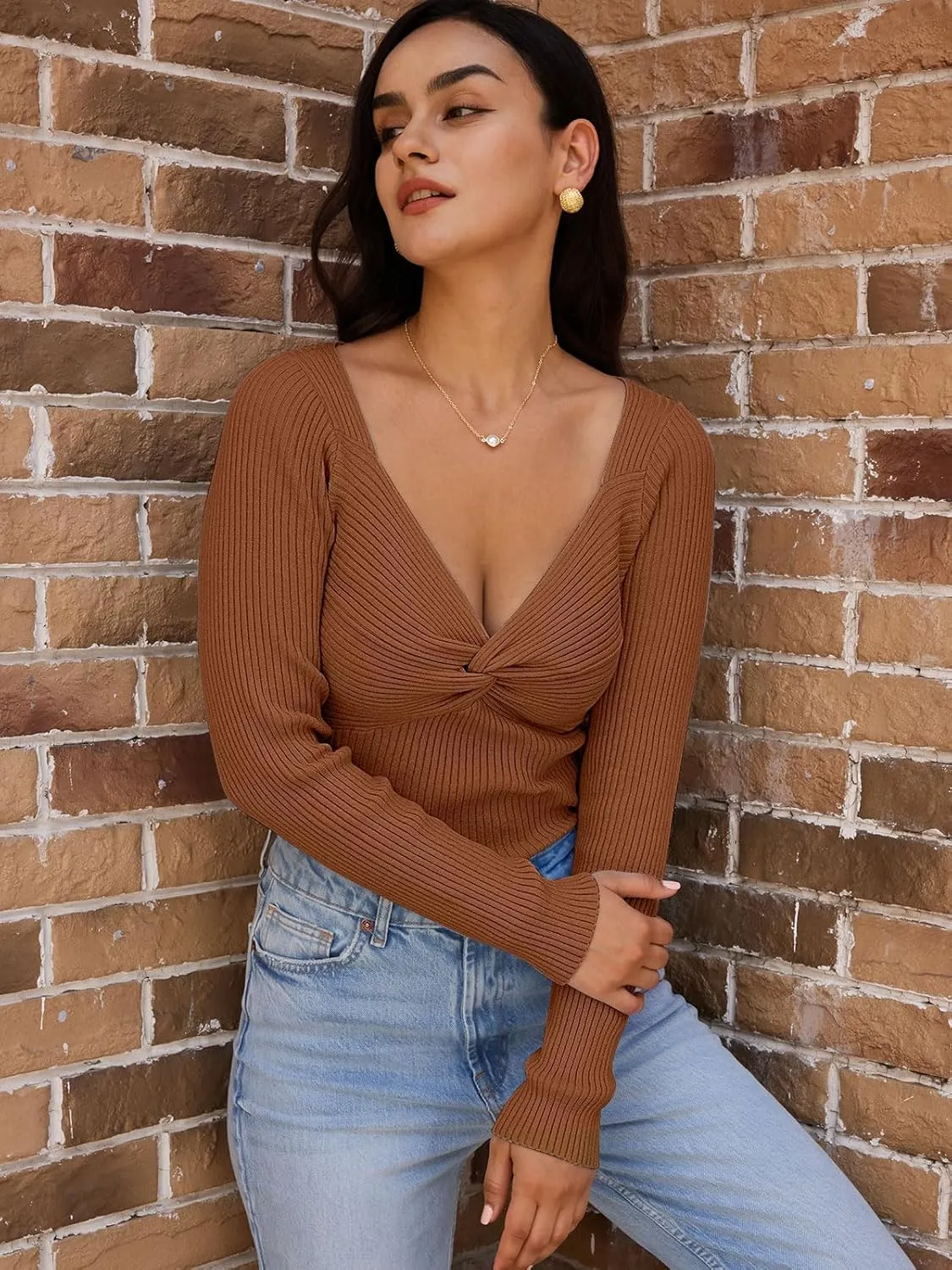 LILLUSORY Women's 2025 Twist Knot Fall Clothes Fashion Outfits Top Ribbed Long Sleeve