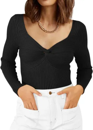 LILLUSORY Women's 2025 Twist Knot Fall Clothes Fashion Outfits Top Ribbed Long Sleeve