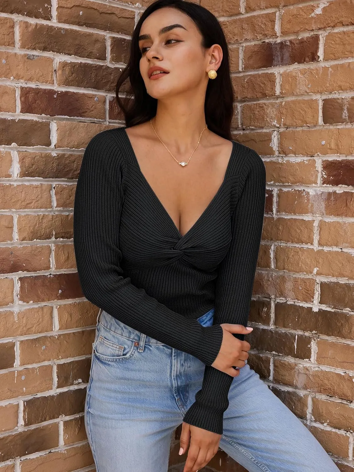 LILLUSORY Women's 2025 Twist Knot Fall Clothes Fashion Outfits Top Ribbed Long Sleeve