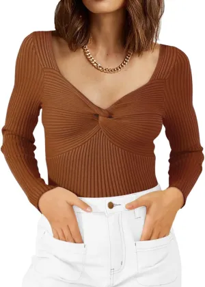 LILLUSORY Women's 2025 Twist Knot Fall Clothes Fashion Outfits Top Ribbed Long Sleeve