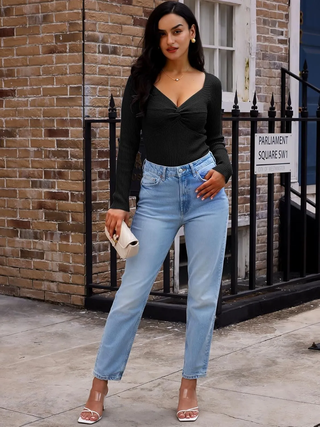 LILLUSORY Women's 2025 Twist Knot Fall Clothes Fashion Outfits Top Ribbed Long Sleeve