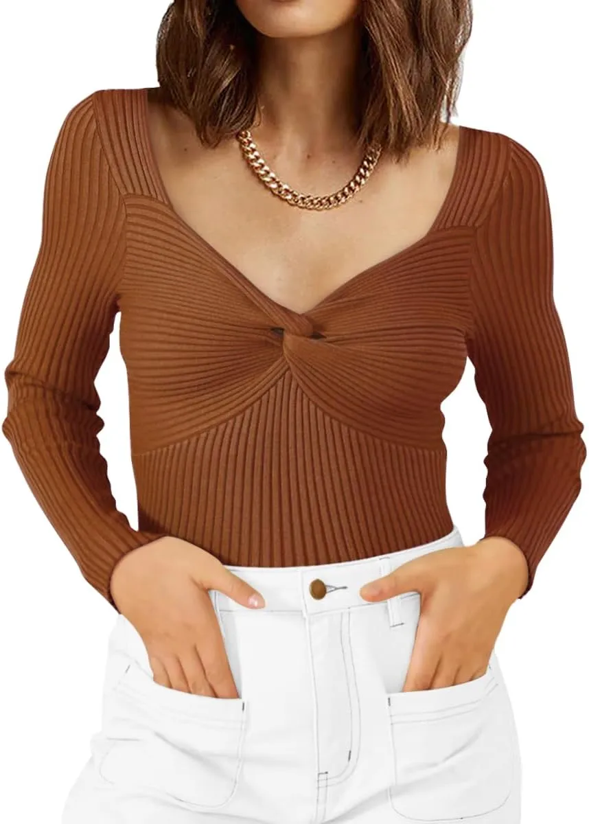 LILLUSORY Women's 2025 Twist Knot Fall Clothes Fashion Outfits Top Ribbed Long Sleeve