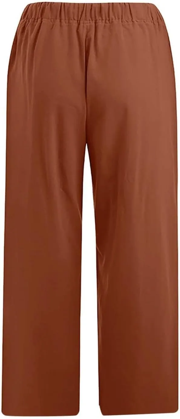 Linen Capri Pants for Women Casual 2024 Plus Size Summer Elastic Waist Crop Tapered Pants Elastic Beach Trousers