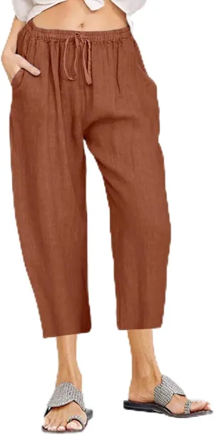 Linen Capri Pants for Women Casual 2024 Plus Size Summer Elastic Waist Crop Tapered Pants Elastic Beach Trousers