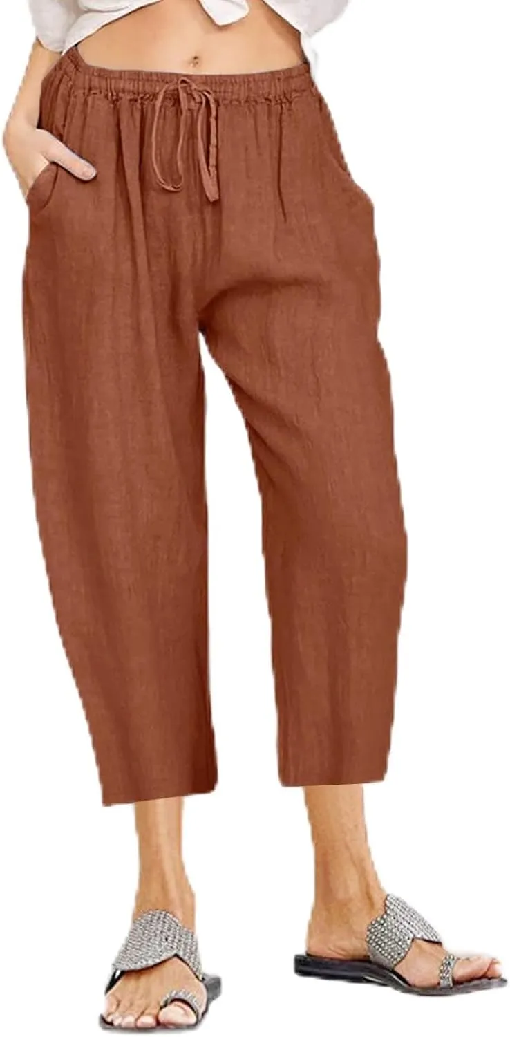 Linen Capri Pants for Women Casual 2024 Plus Size Summer Elastic Waist Crop Tapered Pants Elastic Beach Trousers