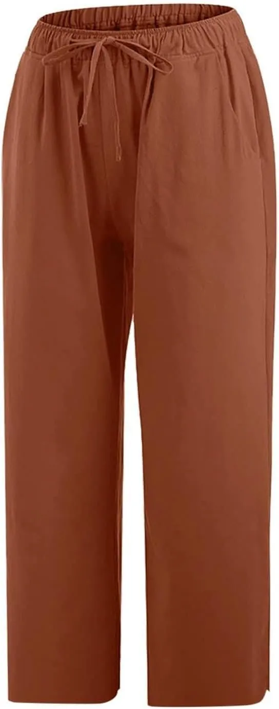 Linen Capri Pants for Women Casual 2024 Plus Size Summer Elastic Waist Crop Tapered Pants Elastic Beach Trousers