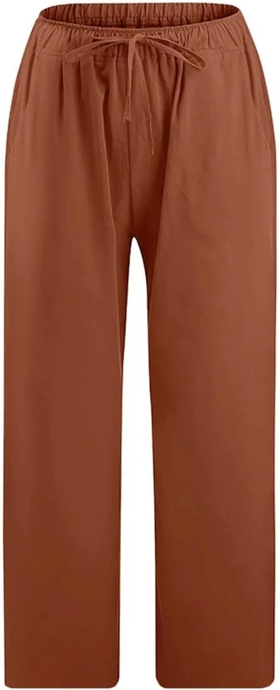Linen Capri Pants for Women Casual 2024 Plus Size Summer Elastic Waist Crop Tapered Pants Elastic Beach Trousers