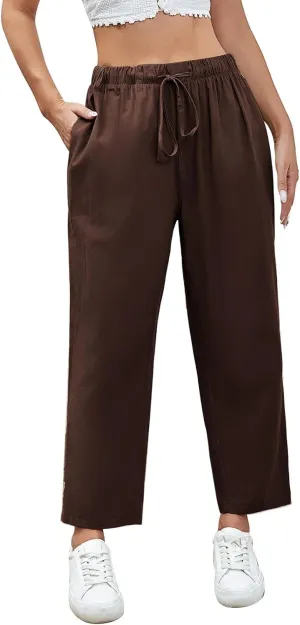 Linen Capri Pants for Women Casual High Waisted Drawstring Wide Leg Capris Summer Baggy Lounge Trousers with Pockets