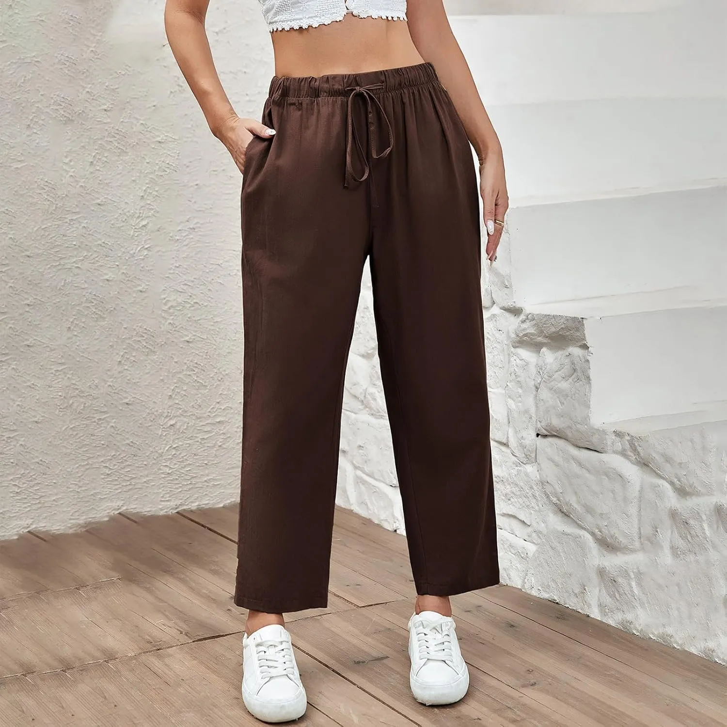 Linen Capri Pants for Women Casual High Waisted Drawstring Wide Leg Capris Summer Baggy Lounge Trousers with Pockets