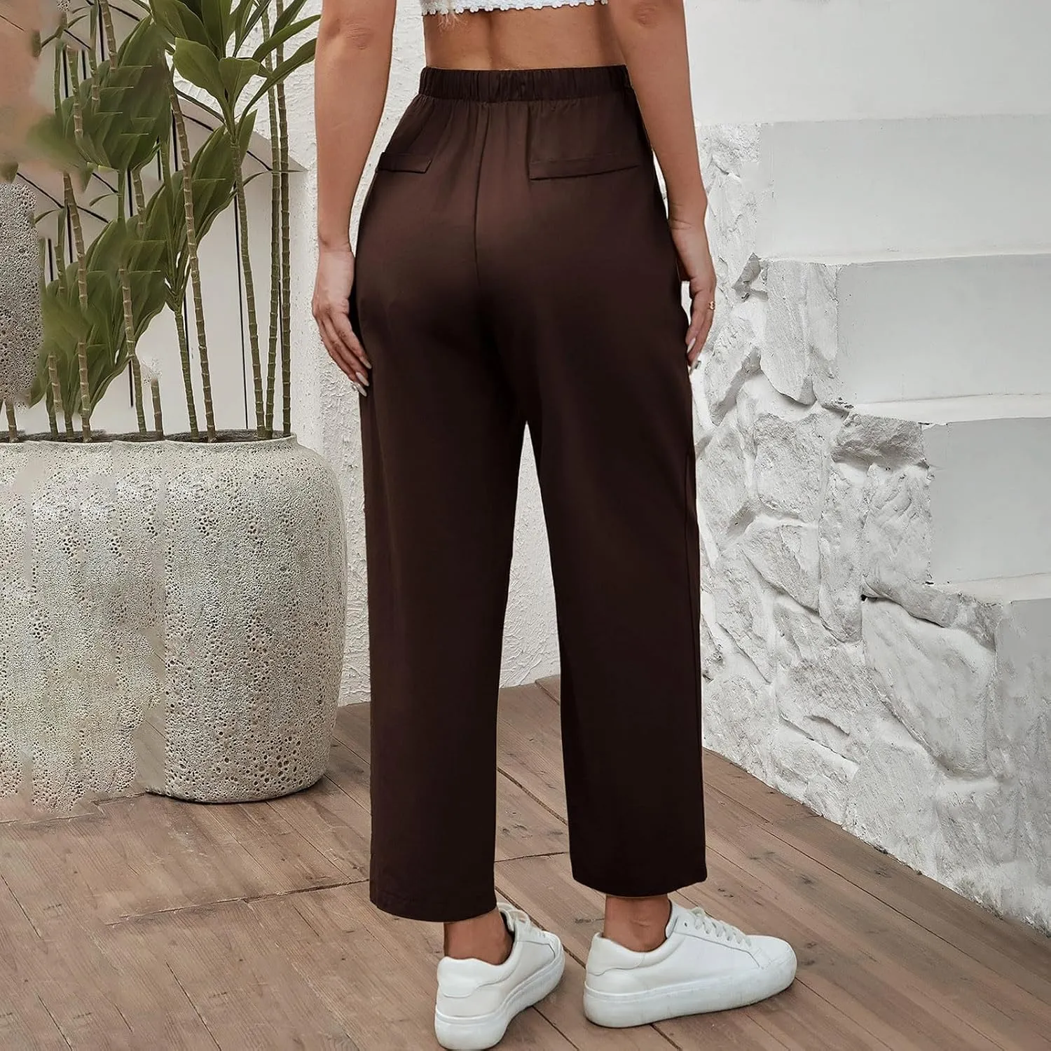 Linen Capri Pants for Women Casual High Waisted Drawstring Wide Leg Capris Summer Baggy Lounge Trousers with Pockets