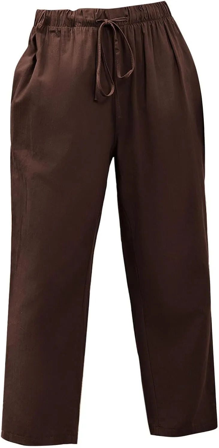 Linen Capri Pants for Women Casual High Waisted Drawstring Wide Leg Capris Summer Baggy Lounge Trousers with Pockets