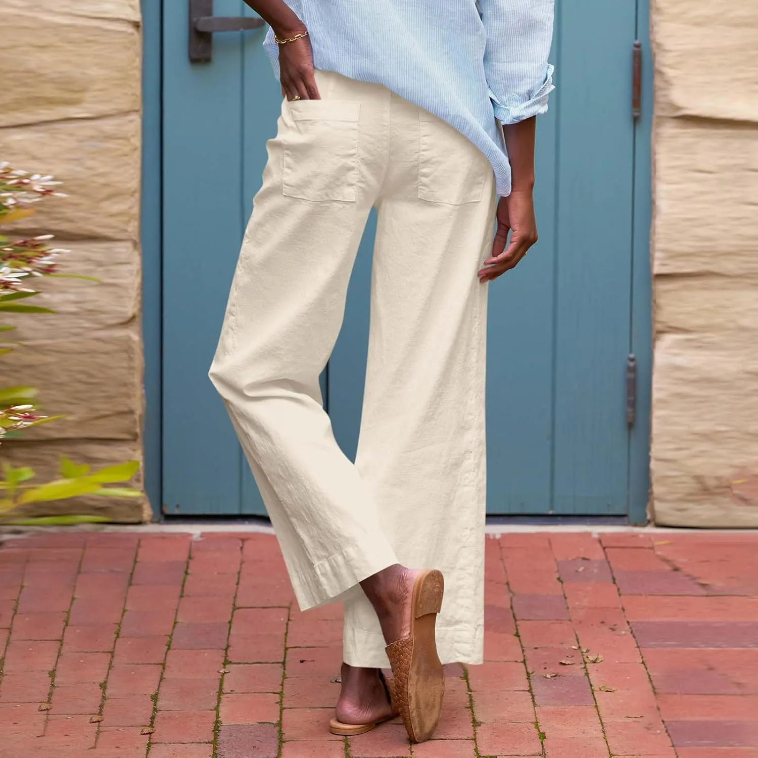 Linen Palazzo Pants for Women Casual Drawstring High Waisted Cropped Wide Leg Pants Flowy Beach Capris with Pockets