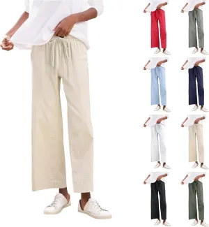 Linen Palazzo Pants for Women Casual Drawstring High Waisted Cropped Wide Leg Pants Flowy Beach Capris with Pockets