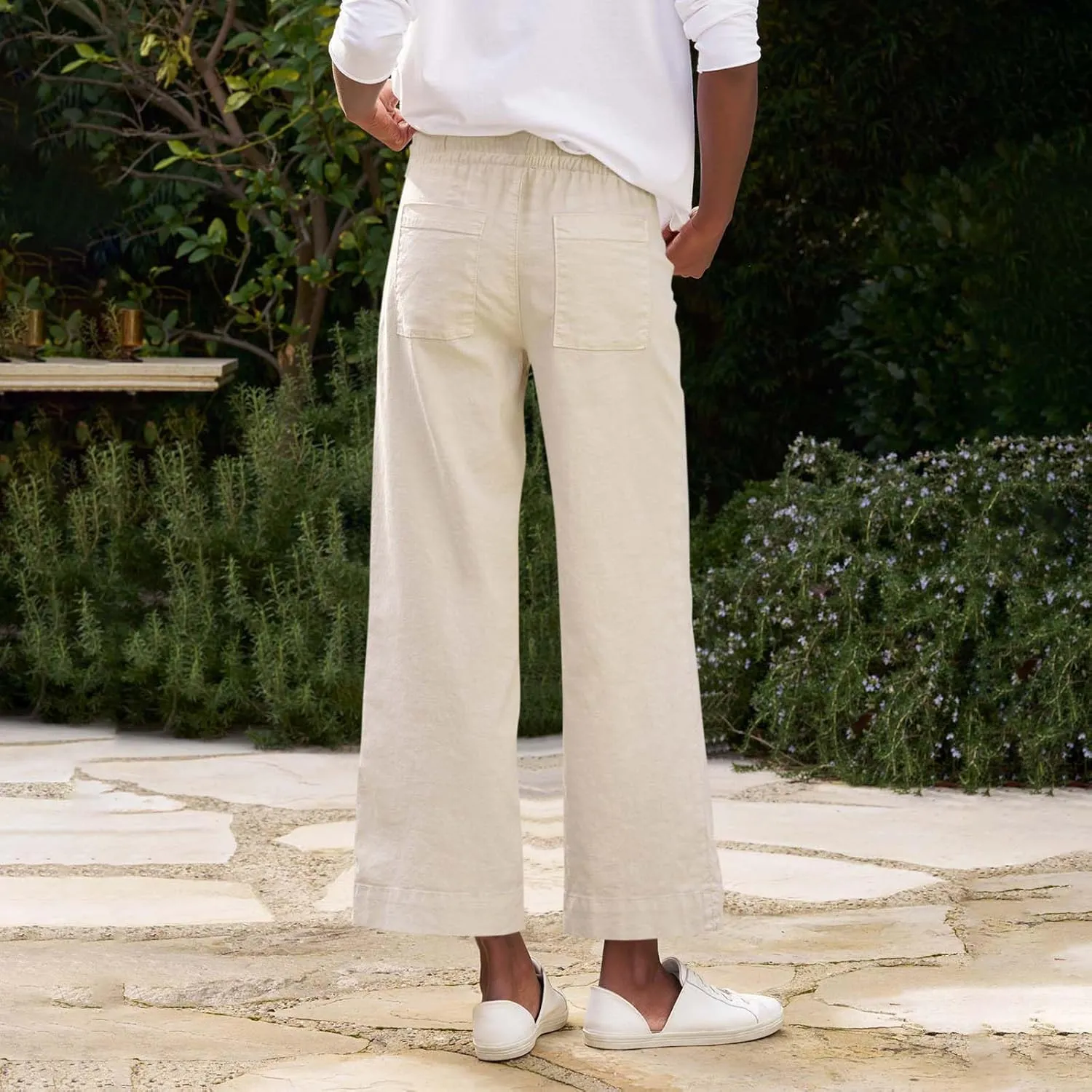 Linen Palazzo Pants for Women Casual Drawstring High Waisted Cropped Wide Leg Pants Flowy Beach Capris with Pockets