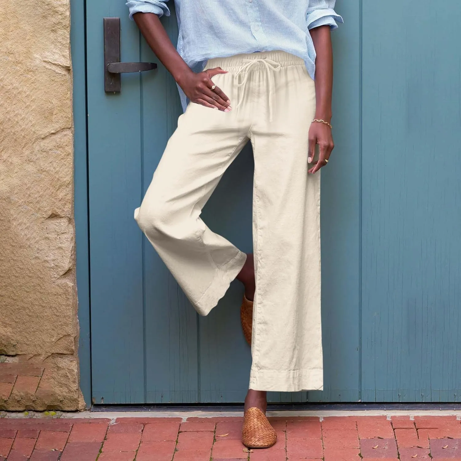 Linen Palazzo Pants for Women Casual Drawstring High Waisted Cropped Wide Leg Pants Flowy Beach Capris with Pockets