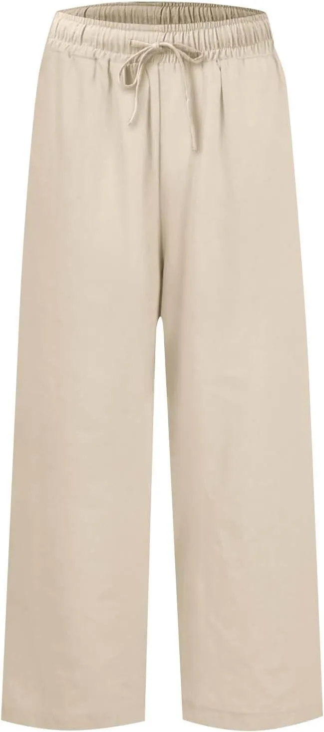 Linen Palazzo Pants for Women Casual Drawstring High Waisted Cropped Wide Leg Pants Flowy Beach Capris with Pockets