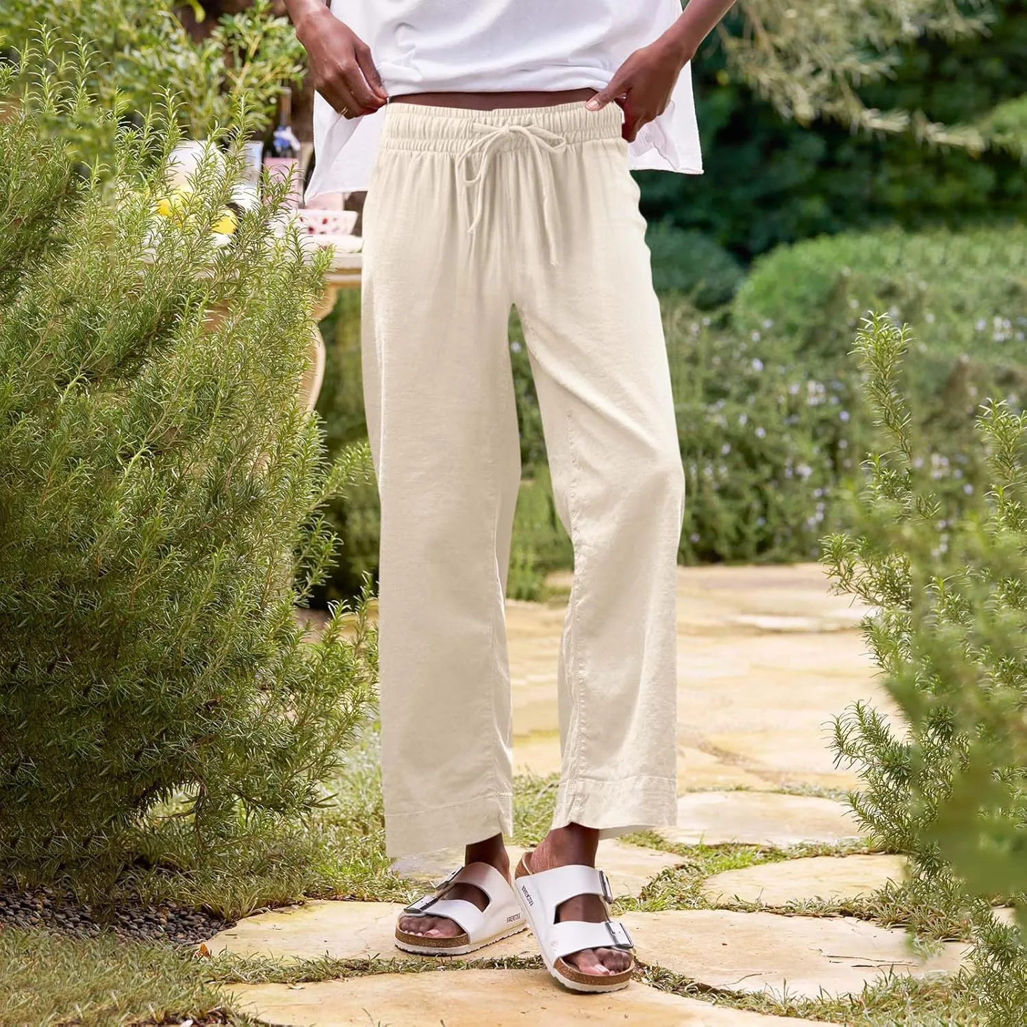 Linen Palazzo Pants for Women Casual Drawstring High Waisted Cropped Wide Leg Pants Flowy Beach Capris with Pockets