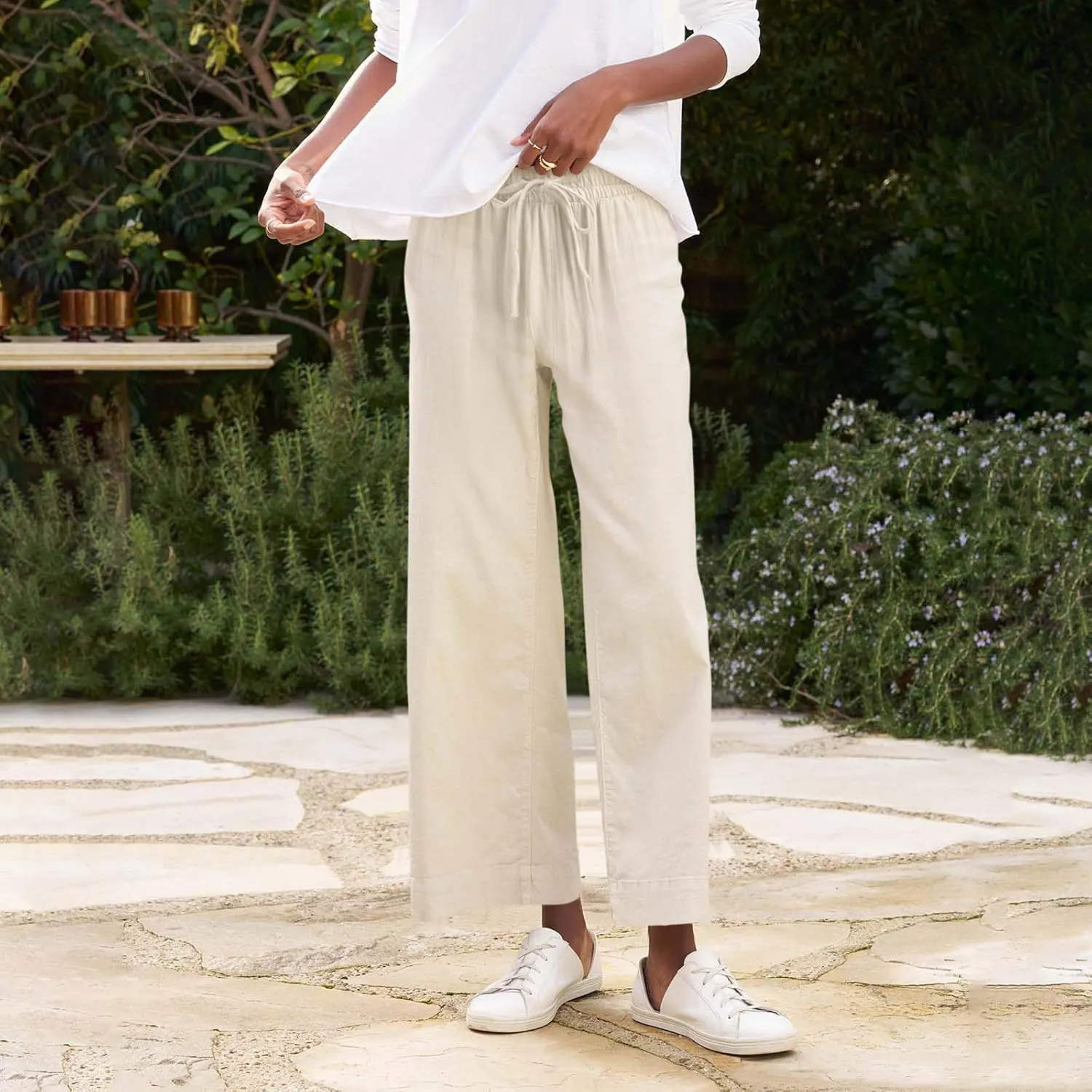 Linen Palazzo Pants for Women Casual Drawstring High Waisted Cropped Wide Leg Pants Flowy Beach Capris with Pockets