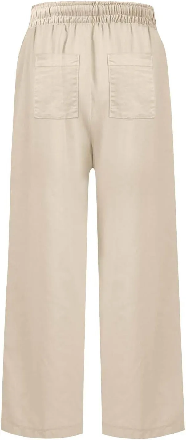 Linen Palazzo Pants for Women Casual Drawstring High Waisted Cropped Wide Leg Pants Flowy Beach Capris with Pockets