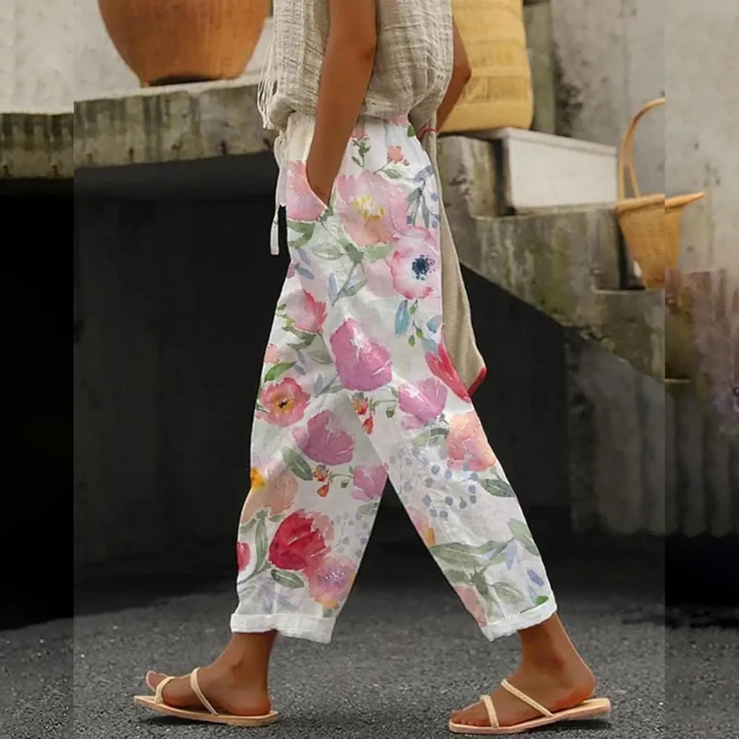 Linen Pants for Women 2025 Summer High Waist Elastic Straight Leg Lounge Capri Rainbow Print Loose Beach Trousers