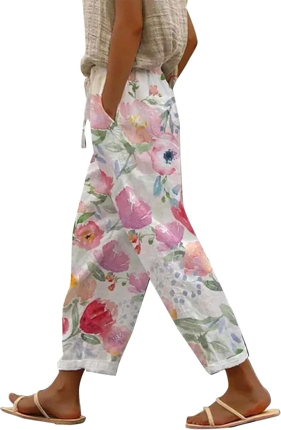 Linen Pants for Women 2025 Summer High Waist Elastic Straight Leg Lounge Capri Rainbow Print Loose Beach Trousers