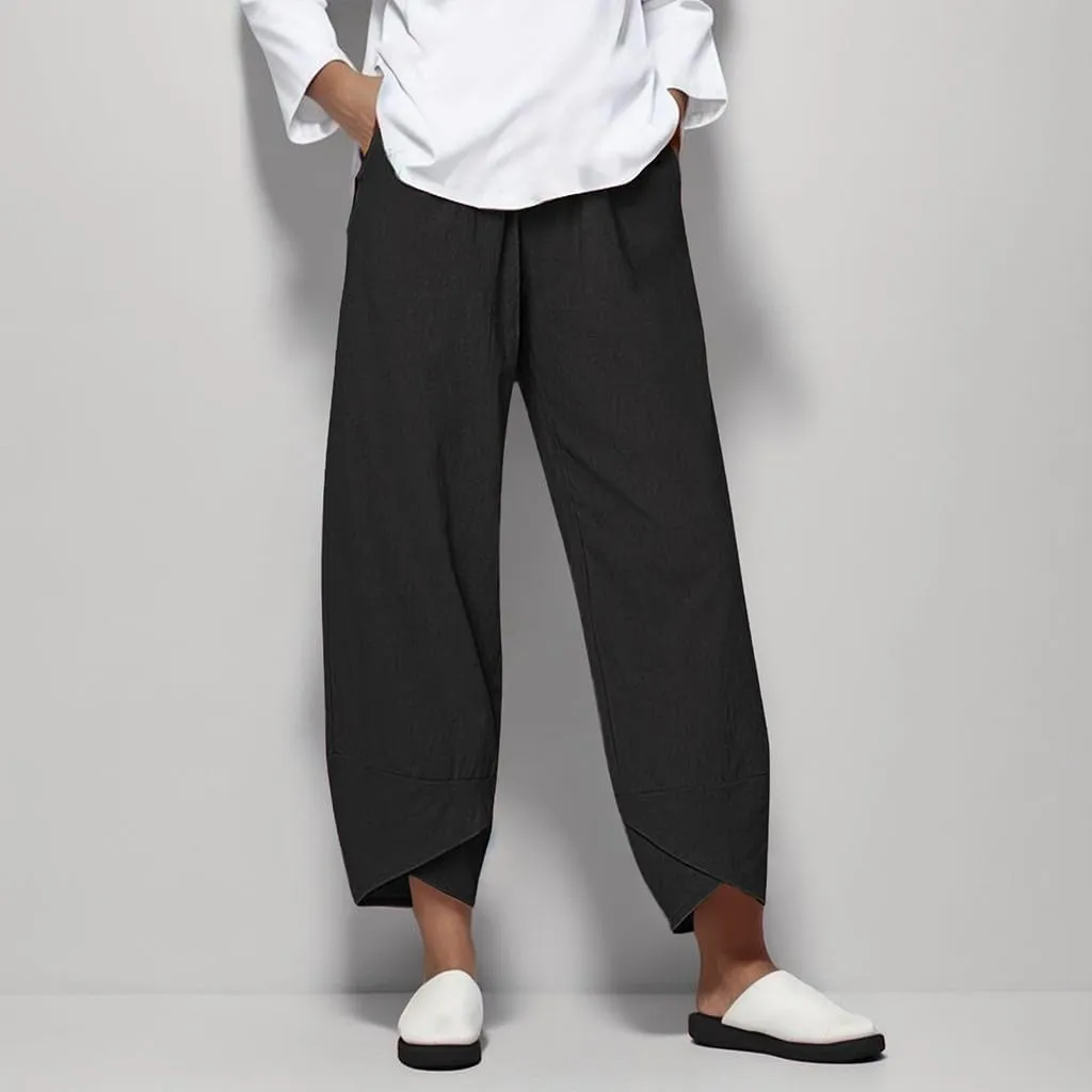 Linen Pants for Women Petite Length Loose Fitting Lightweight Joggers High Waisted Cropped Pants with Pockets