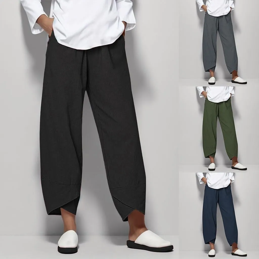 Linen Pants for Women Petite Length Loose Fitting Lightweight Joggers High Waisted Cropped Pants with Pockets