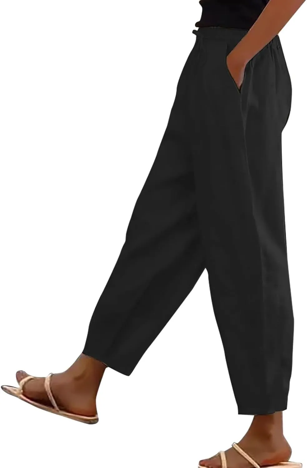 Linen Pants for Women Striped Side Button Elastic Waist Trendy Pants Straight Leg Lightweight Trousers with Pocket