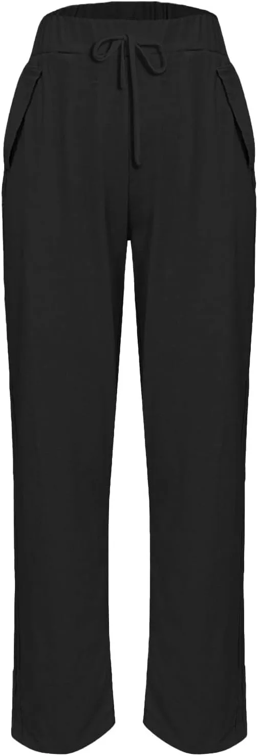 Linen Pants for Women Striped Side Button Elastic Waist Trendy Pants Straight Leg Lightweight Trousers with Pocket