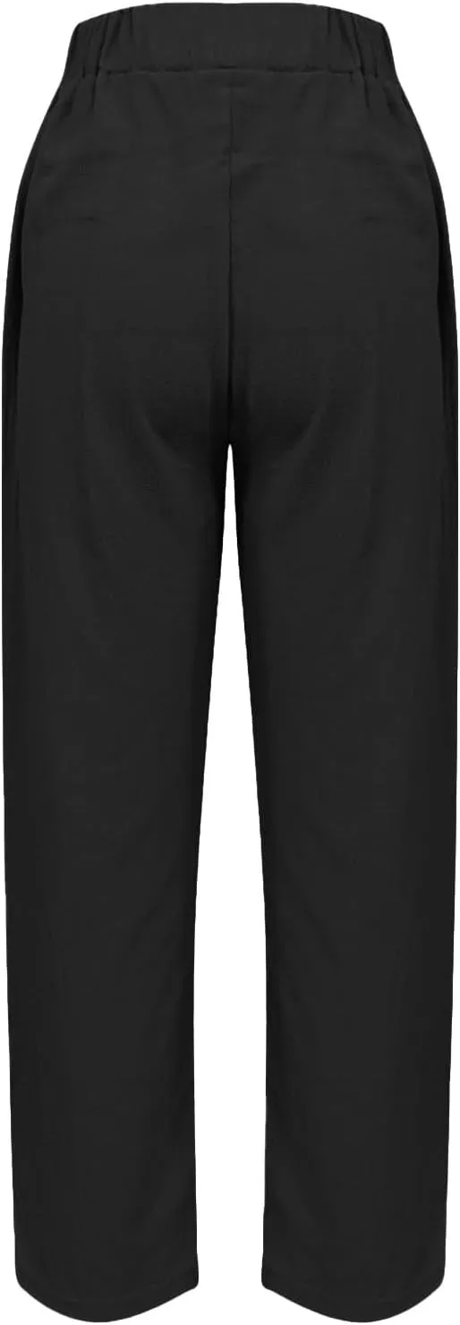 Linen Pants for Women Striped Side Button Elastic Waist Trendy Pants Straight Leg Lightweight Trousers with Pocket
