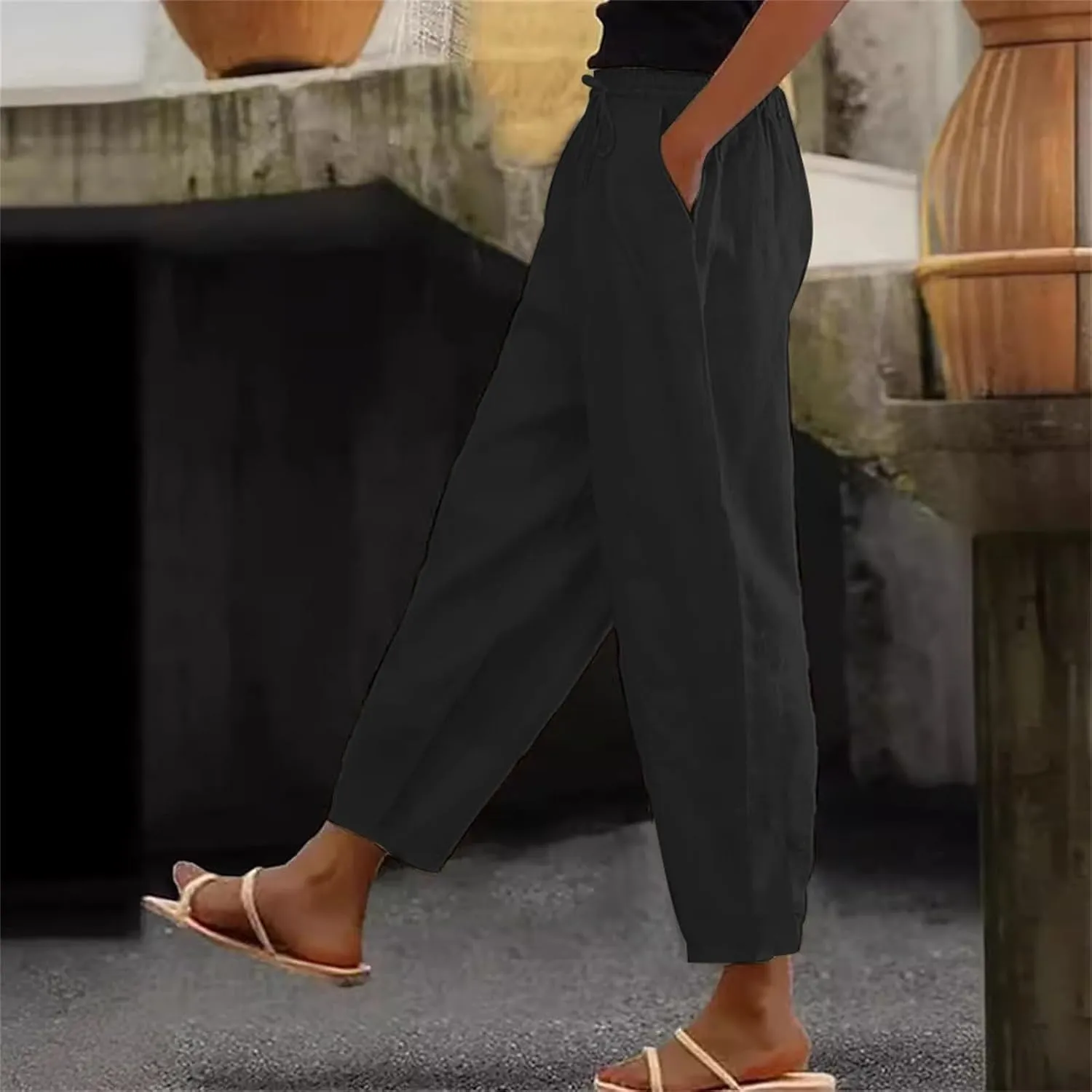 Linen Pants for Women Striped Side Button Elastic Waist Trendy Pants Straight Leg Lightweight Trousers with Pocket