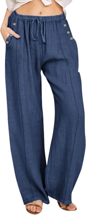 Linen Pants for Women Summer Elastic Waisted Wide Leg Palazzo Drawsting Pants Loose Beach Vacation Trousers