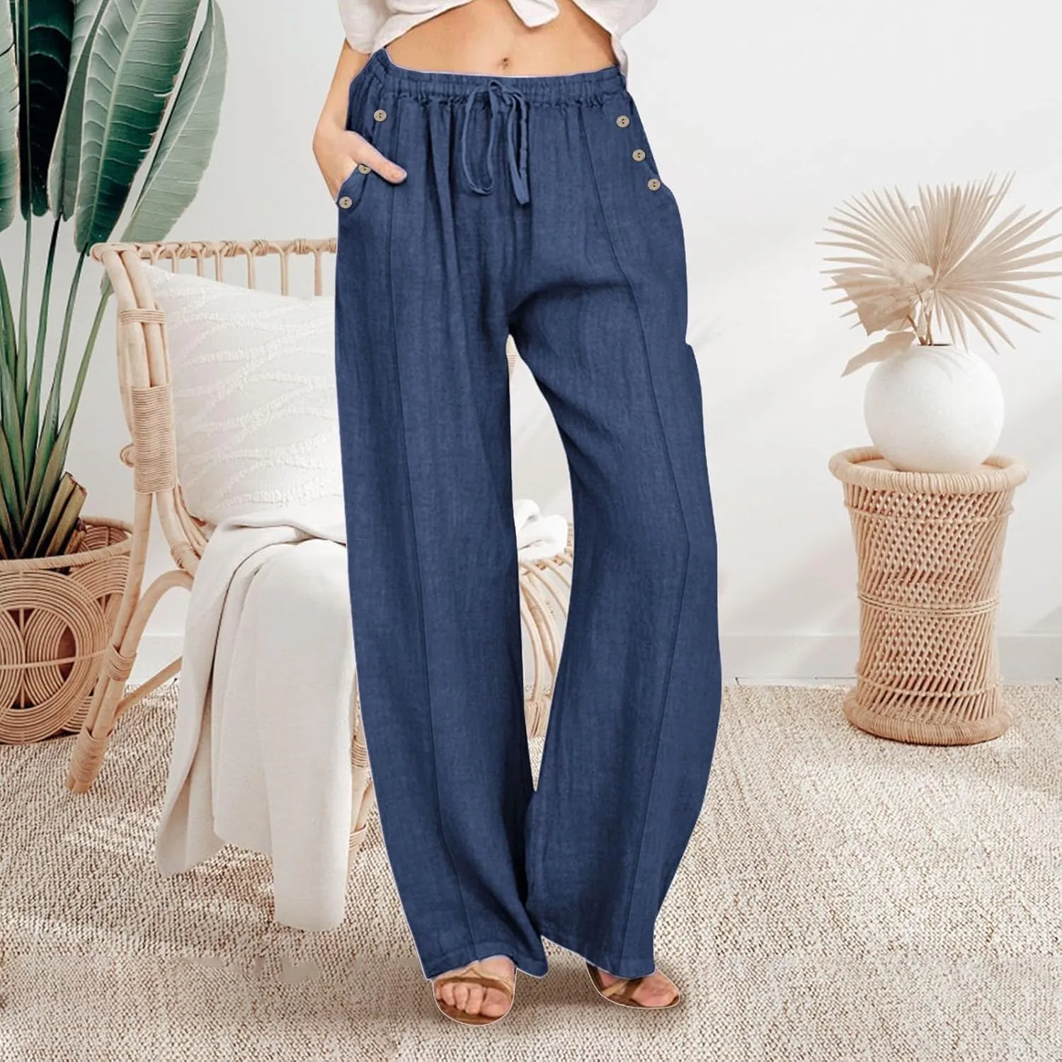 Linen Pants for Women Summer Elastic Waisted Wide Leg Palazzo Drawsting Pants Loose Beach Vacation Trousers