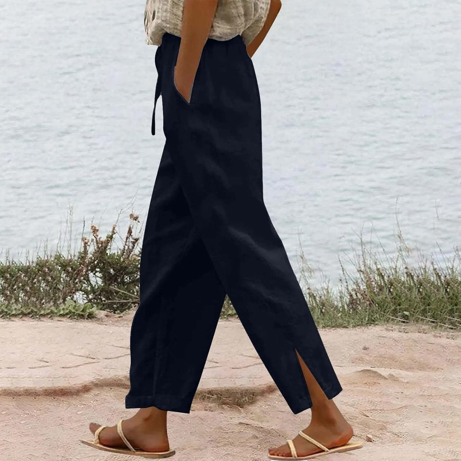 Linen Pants Women Cropped High Waisted Straight Leg Lounge Pants Lightweight Summer Split Beach Capris with Pockets