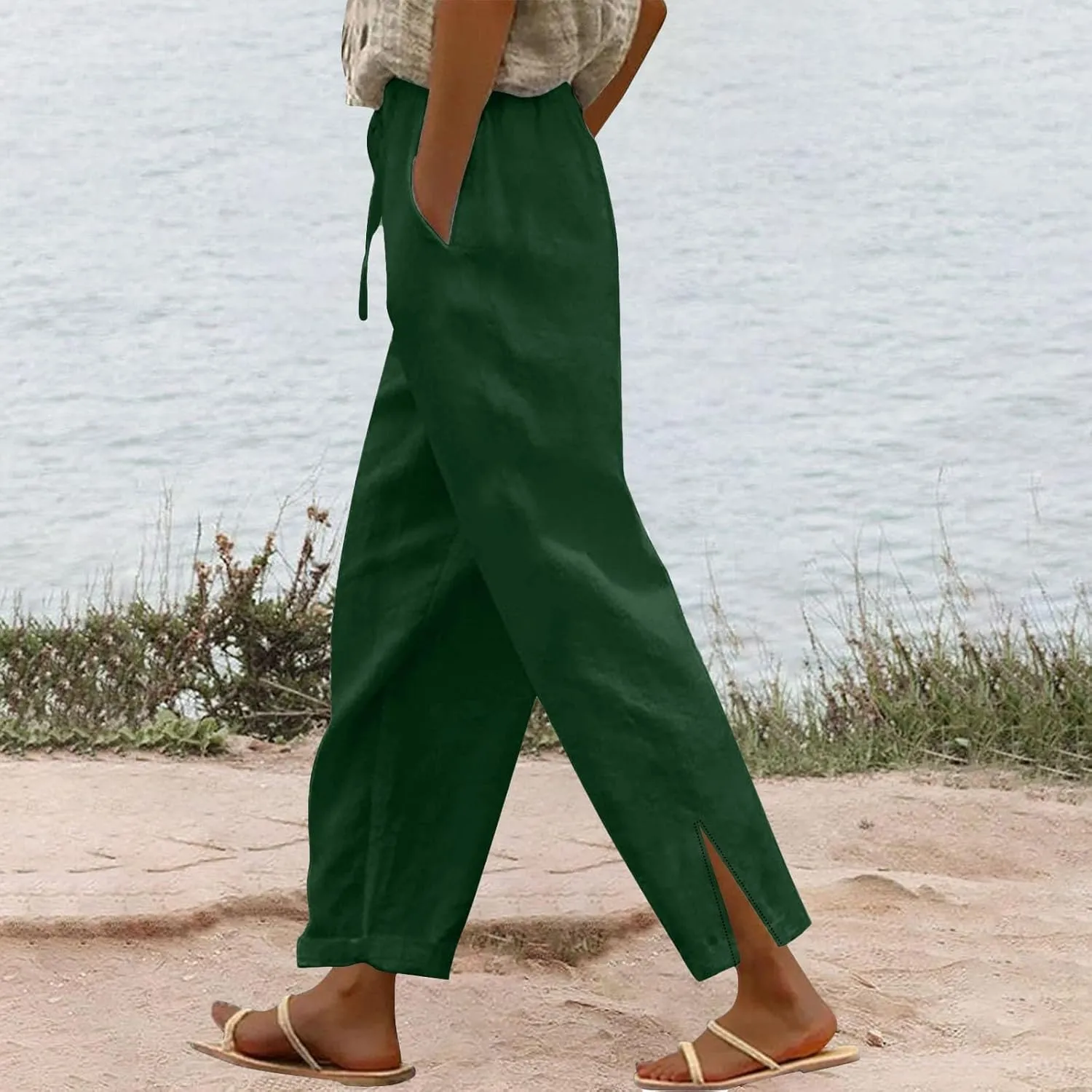 Linen Pants Women Cropped High Waisted Straight Leg Lounge Pants Lightweight Summer Split Beach Capris with Pockets