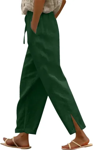 Linen Pants Women Cropped High Waisted Straight Leg Lounge Pants Lightweight Summer Split Beach Capris with Pockets