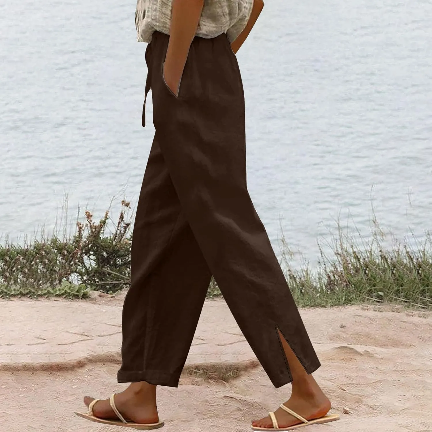 Linen Pants Women Cropped High Waisted Straight Leg Lounge Pants Lightweight Summer Split Beach Capris with Pockets