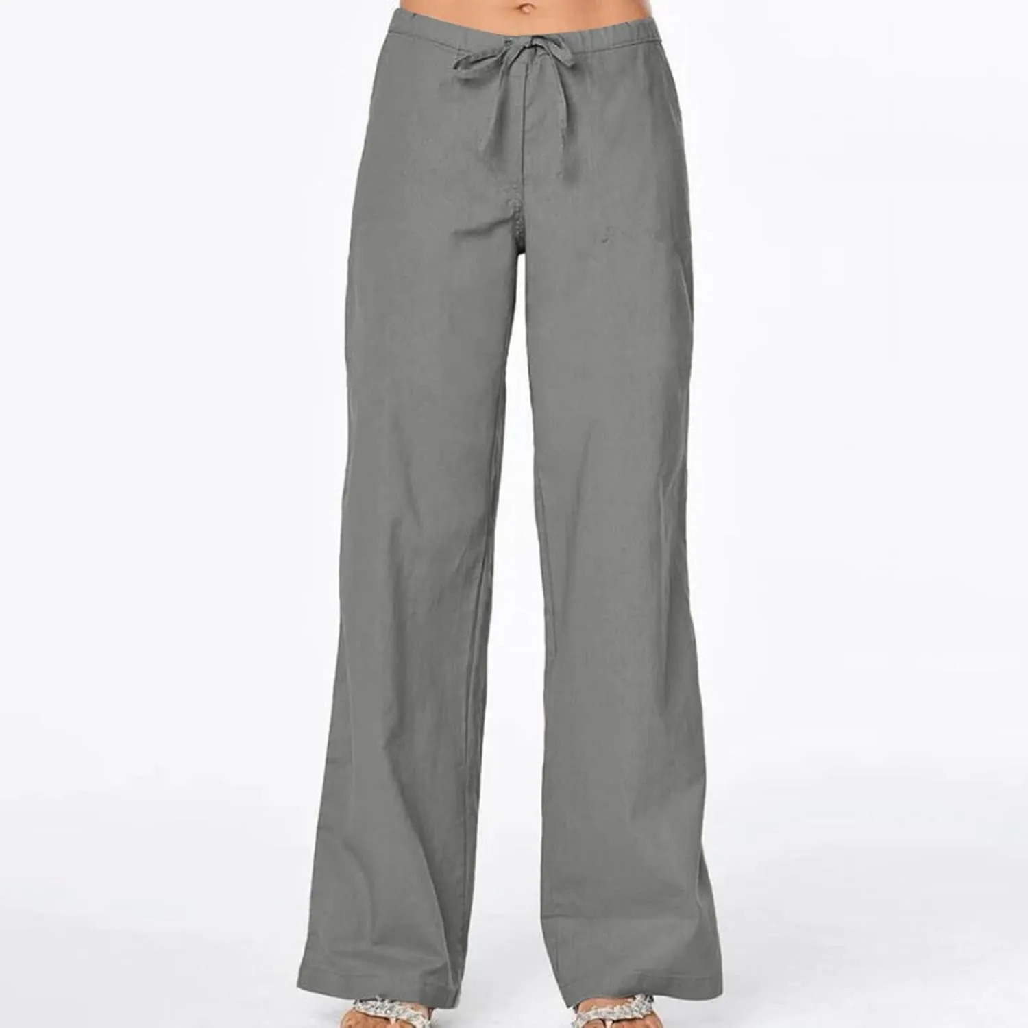 Linen Pants Women Lightweight Wide Leg Pants Loose Fit Drawstring High Waist Straight Trousers with Pockets Summer